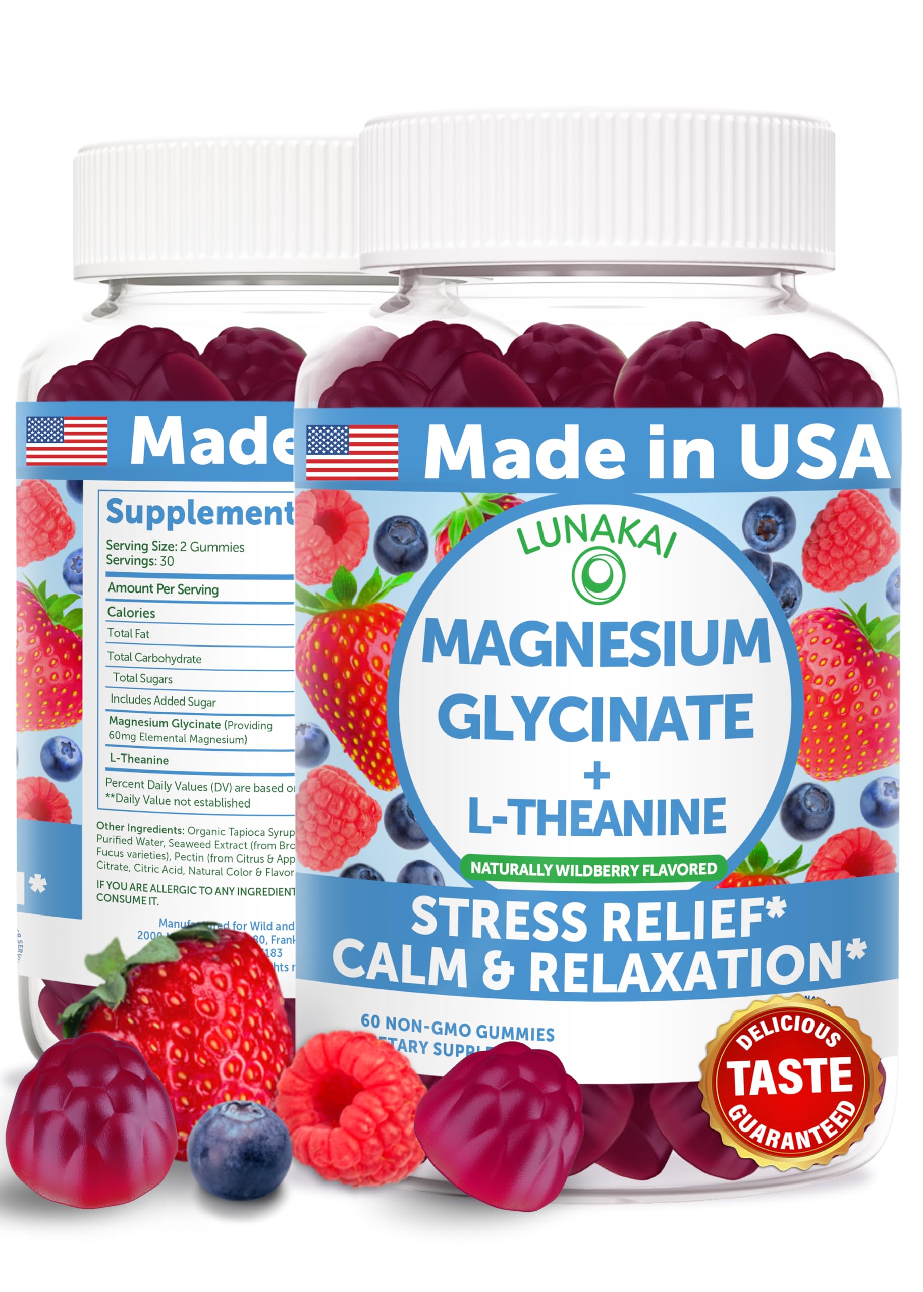 Lunakai USA Manufactured Magnesium Glycinate Gummies 426mg with L-Theanine – Calm, Sleep, Stress Relief for Adults & Kids, Non-GMO, Vegan, 60ct