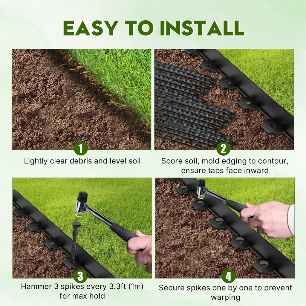 No Dig Landscape Edging 33FT, 4-Inch Plastic Edging, 100 Spikes & Hammer