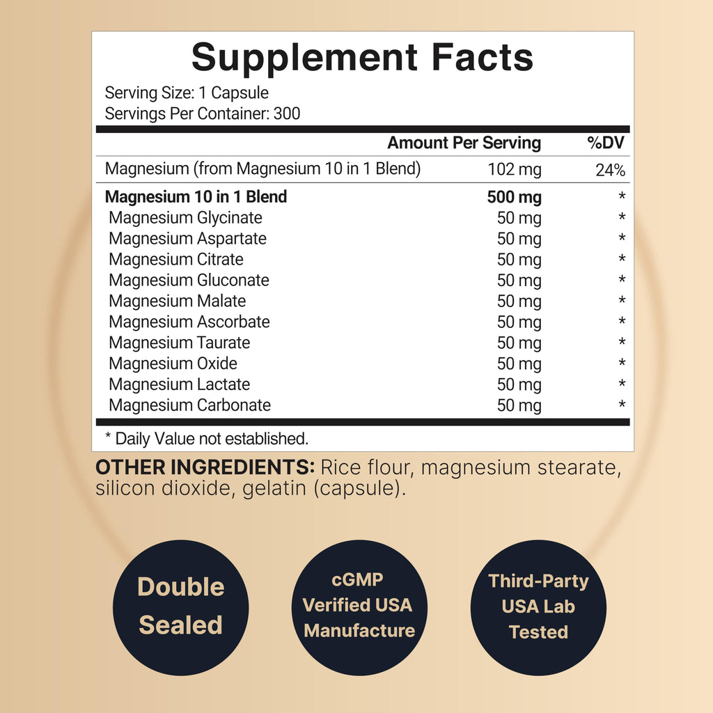 Magnesium Complex 500mg, 300 Capsules | 10-in-1 Magnesium Glycinate, Citrate, Malate & More | Chelated Form for Easy Absorption | Non-GMO