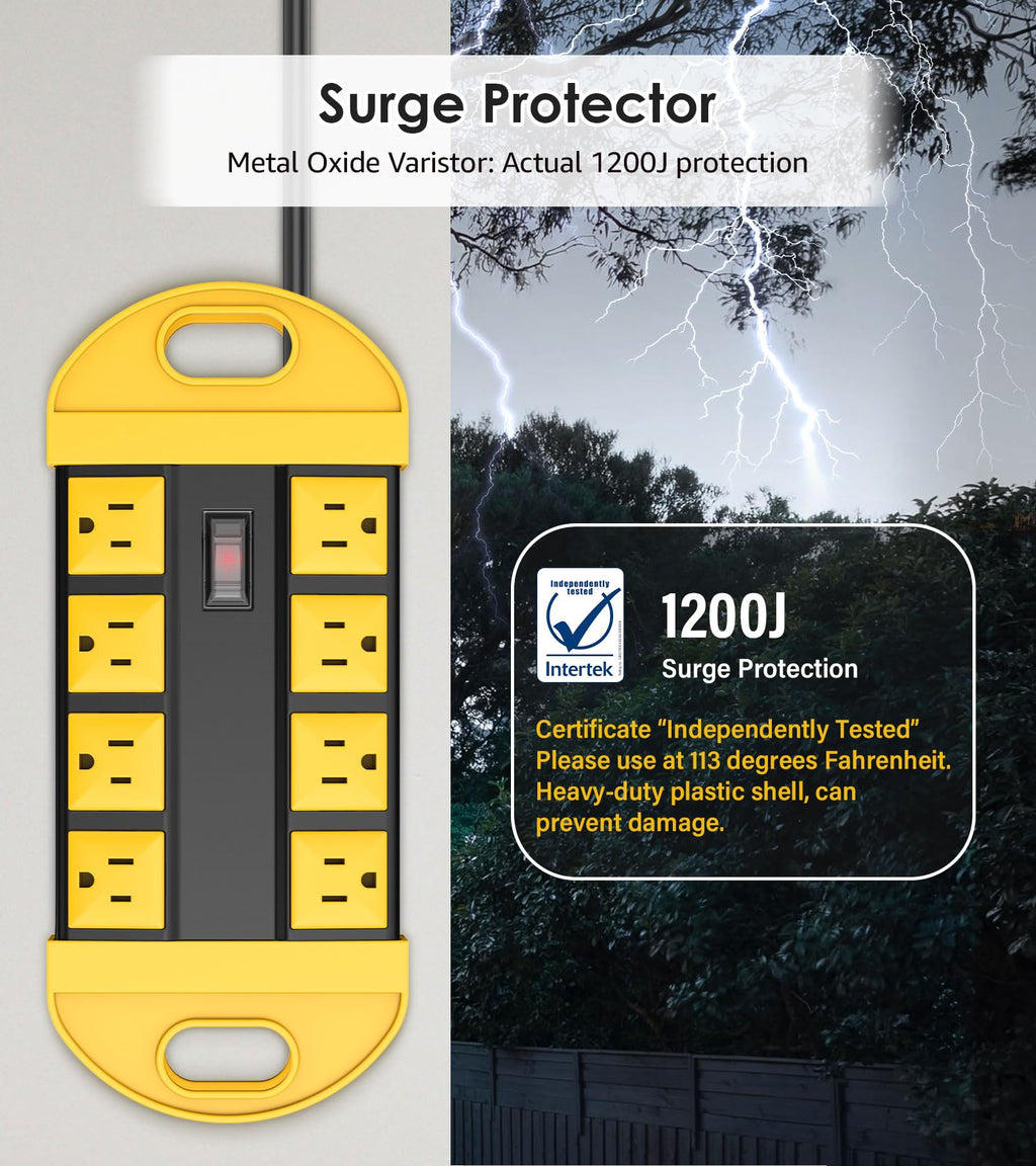 CCCEI Outdoor Power Strip Weatherproof with 8 Plug, Waterproof Extension Cord with Multiple Outlets, Christmas Exterior Garden Yard Surge Protector 6FT.