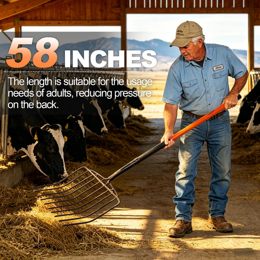 VNIMTI Pitch Fork Heavy Duty, 10-Tine Pitchfork with Fiberglass Handle, 58 Inch Garden Pitch Fork for Hay, Mulch, Compost, Farm and Gardening