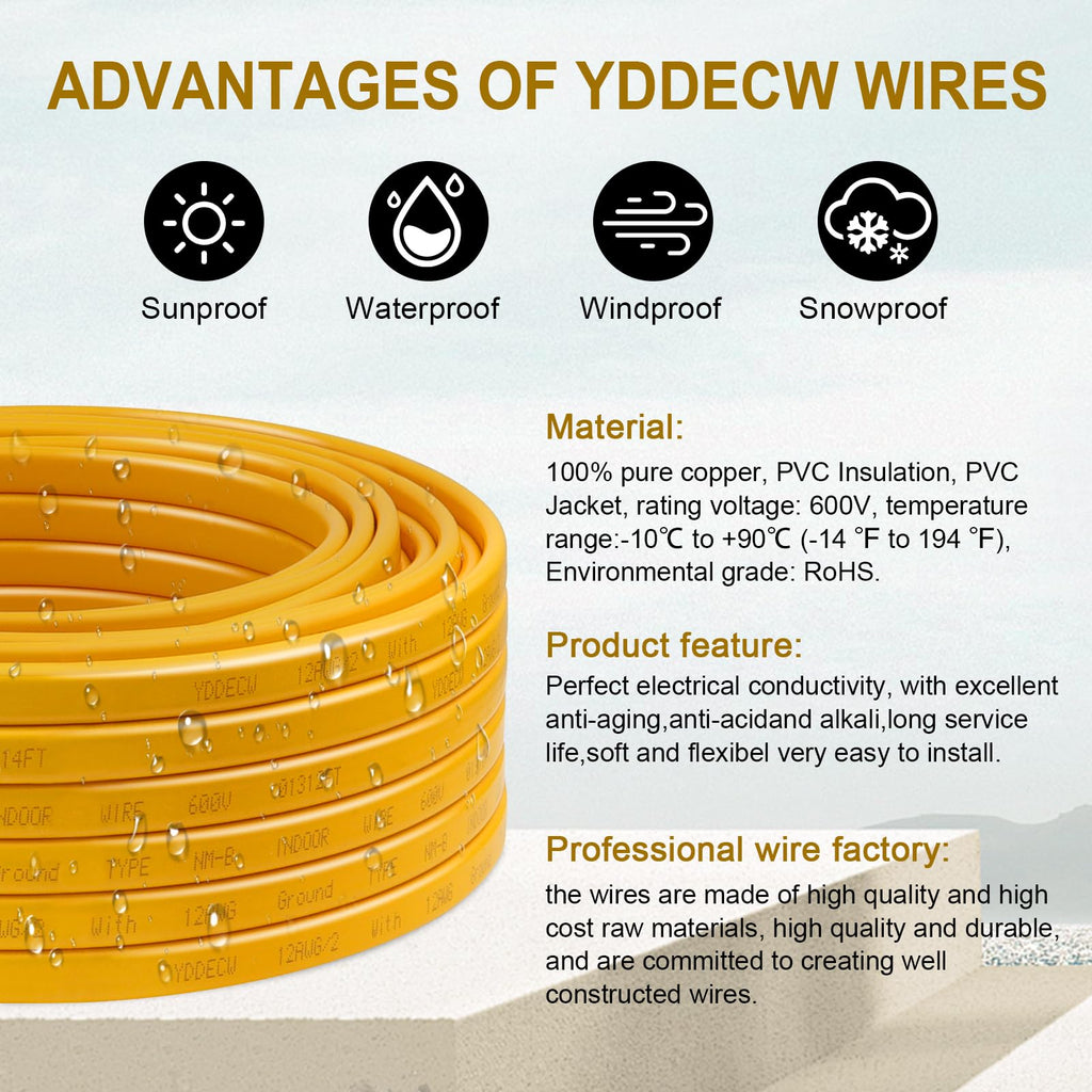 YDDECW 12/2 NM-B Wire with Ground - 25FT 12 Gauge Non-Metallic Sheathed Cable Pure Copper 12 AWG 2 Conductor Residential Indoor Wire for Outlets, Switches and Other Loads etc.
