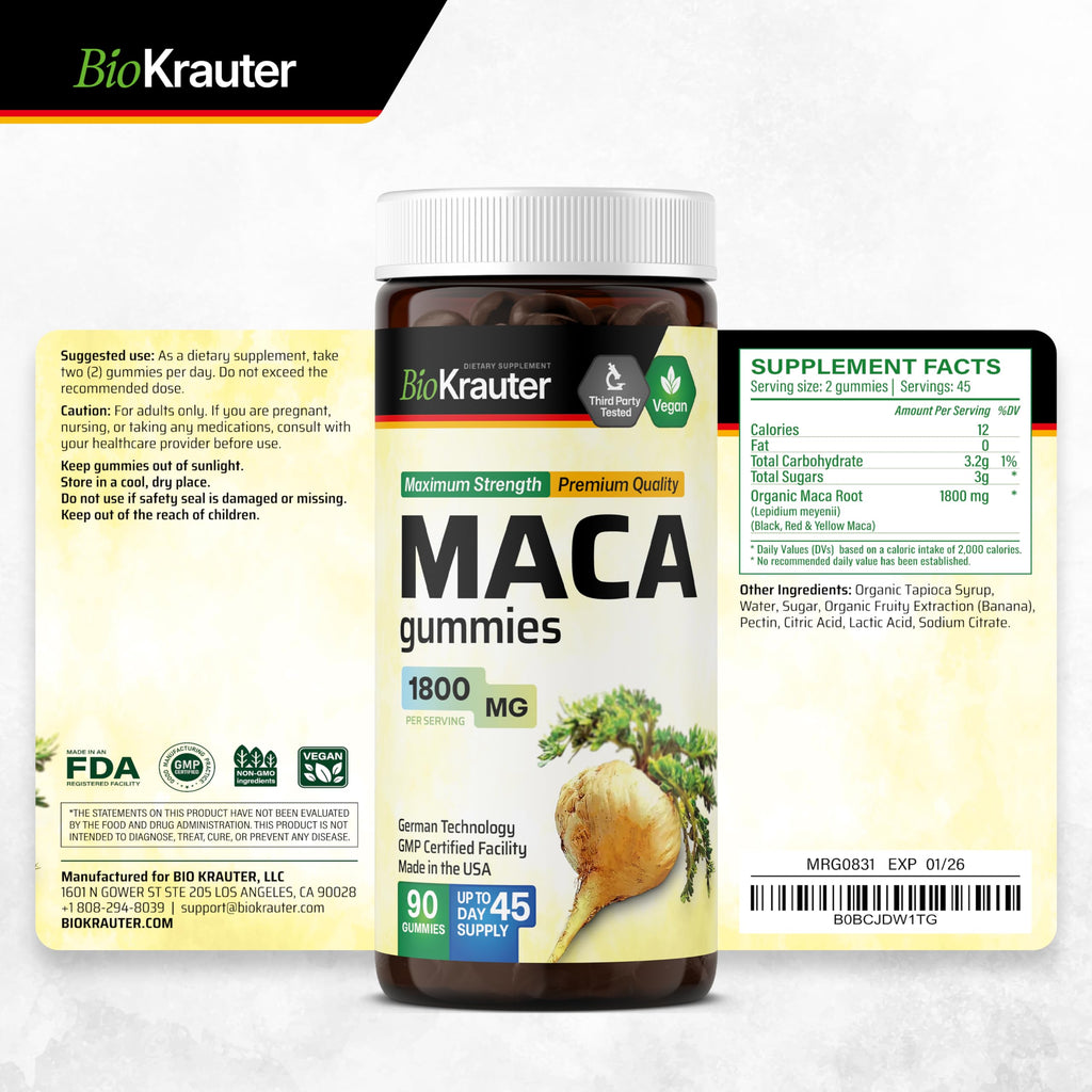 BIO KRAUTER Maca Root for Women and Men - Black, Red & Yellow Maca Supplement 1800 mg for Drive, Performance & Energy Support - 90 Gummies, 45-Day Supply, Non-GMO, Banana Flavor