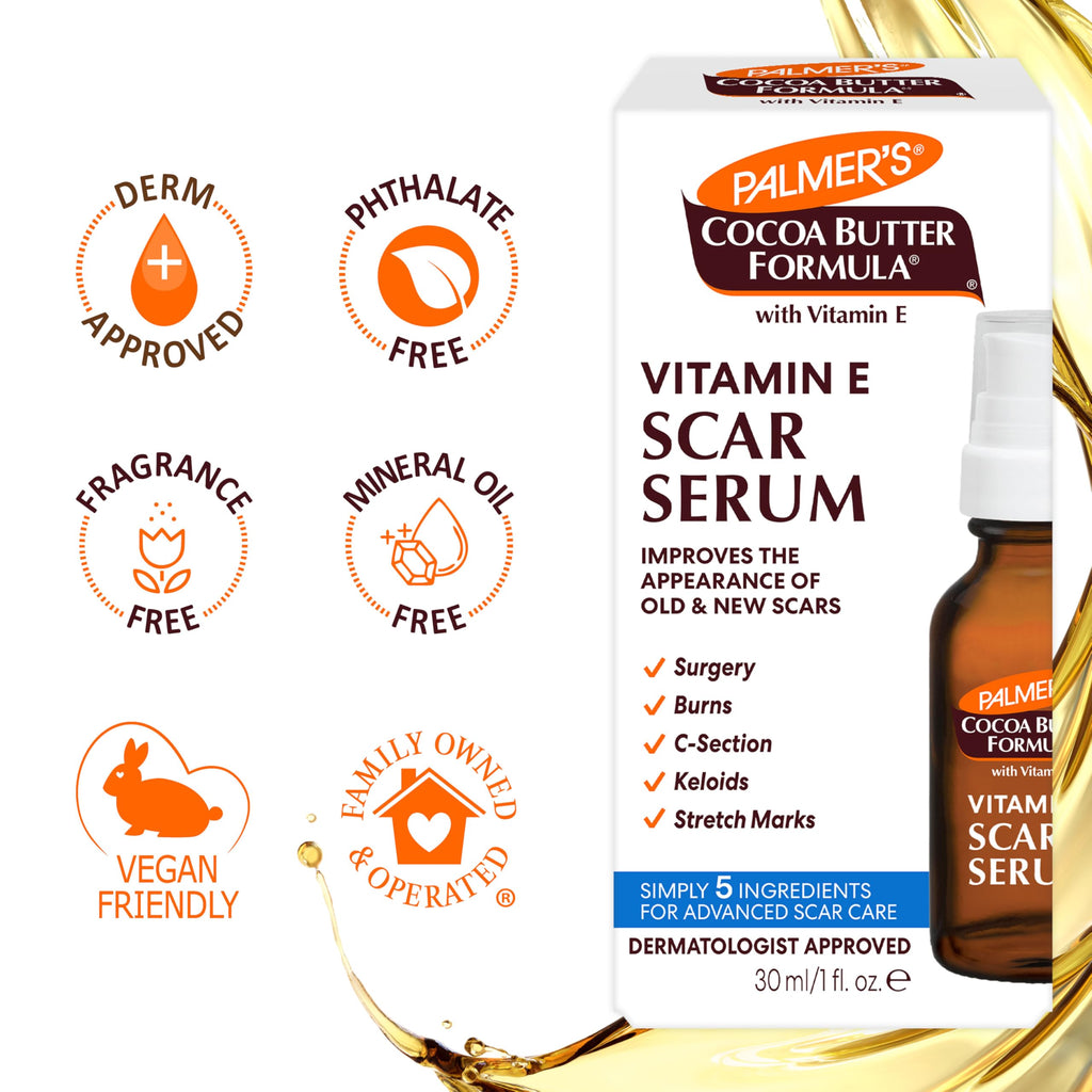 Palmer's Cocoa Butter Formula Scar Serum, Skin Brightening Oil for Face & Body, Concentrated Serum with Vitamin E, Fragrance Free, 1 Fl Oz