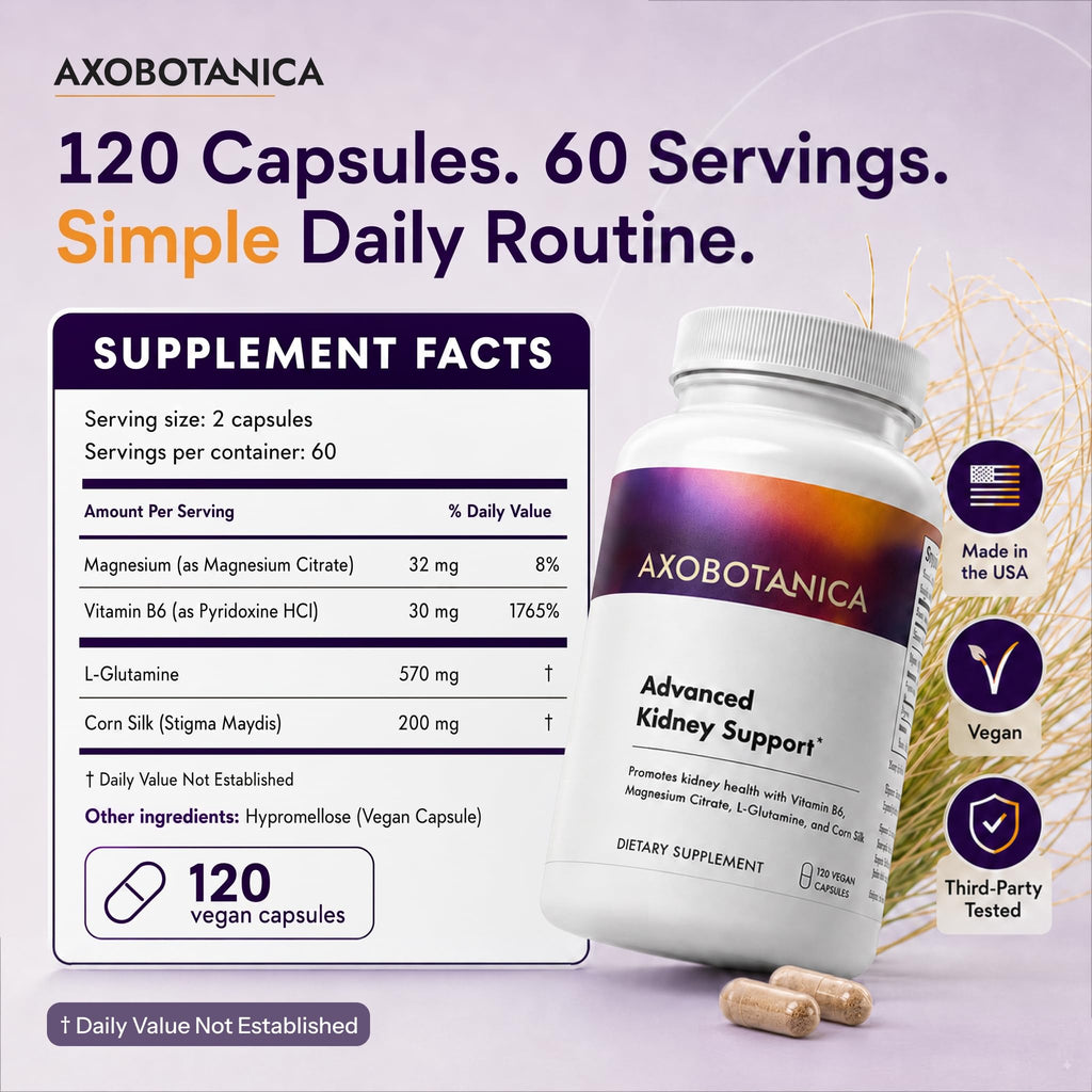 Axobotanica Kidney Cleanse Detox & Repair - Vitamin B6, Magnesium, L-Glutamine & Cornsilk - Kidney Support Supplement, Urinary Flow & Bladder Comfort - 120 Capsules (1 Bottle, 60 Servings)