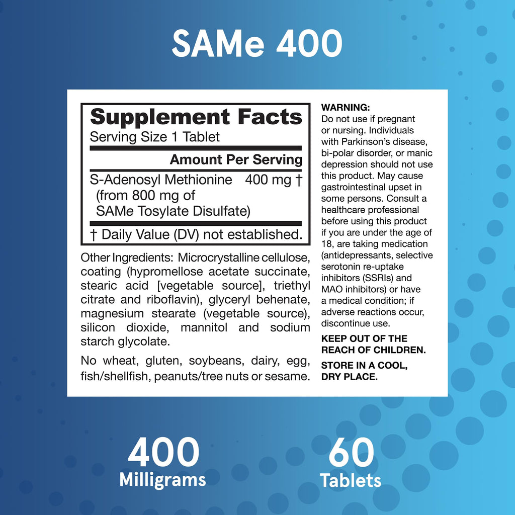 Jarrow Formulas SAMe Supplement 400 mg - 60 Tablets - High Concentration of Active S,S Form - Supports Joint Health, Liver Function, Brain Metabolism, Balanced Mood & Antioxidant Defense - 60 Servings