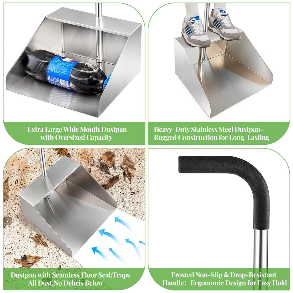32In Extra Large Dust Pan with Long Handle,Heavy Duty Metal Dust Pan for Jumbo Debris Pan-Commercial Stand up Dustpan,Wide Mouth Outdoor Dustpan for Courtyards/Garage/Sidewalks-Professional Cleaning