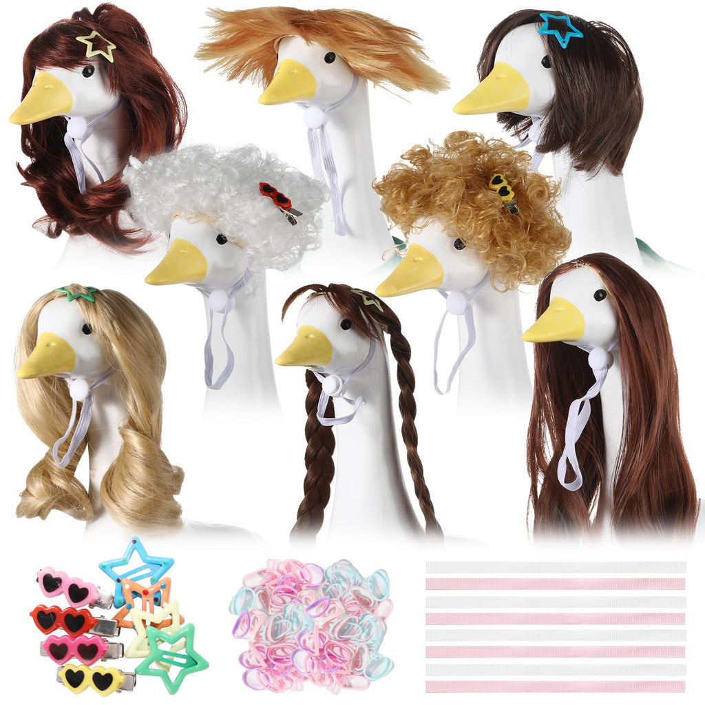 OBUSATT 8 Pcs Porch Goose Wigs Set Cute Lawn Statue Braid Wig with Hair Clips, Hair Ties, Ribbons Porch Goose Outfit Costume DIY Wigs Accessories for Outdoor Garden Patio Yard Goosey Decoration