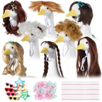 OBUSATT 8 Pcs Porch Goose Wigs Set Cute Lawn Statue Braid Wig with Hair Clips, Hair Ties, Ribbons Porch Goose Outfit Costume DIY Wigs Accessories for Outdoor Garden Patio Yard Goosey Decoration