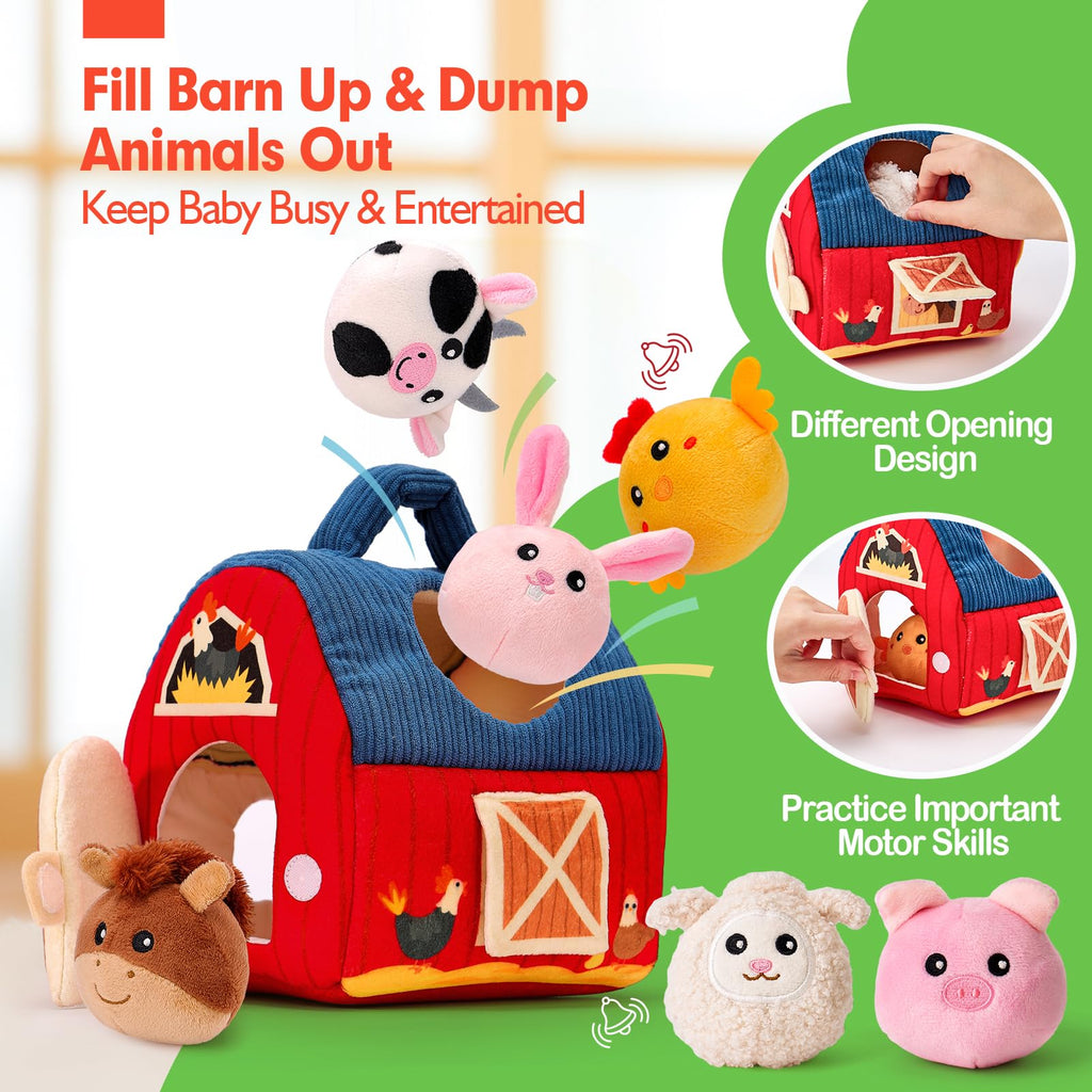 hahaland Baby Toys 6-12 Months - Surprise Barn with Stuffed Farm Animals, Rattle, Crinkle Paper, Mirror - Montessori Toys for 6 Month Old Babies, Sensory Balls Toddlers 1-3, 1 Year Old Boy Girl Gifts