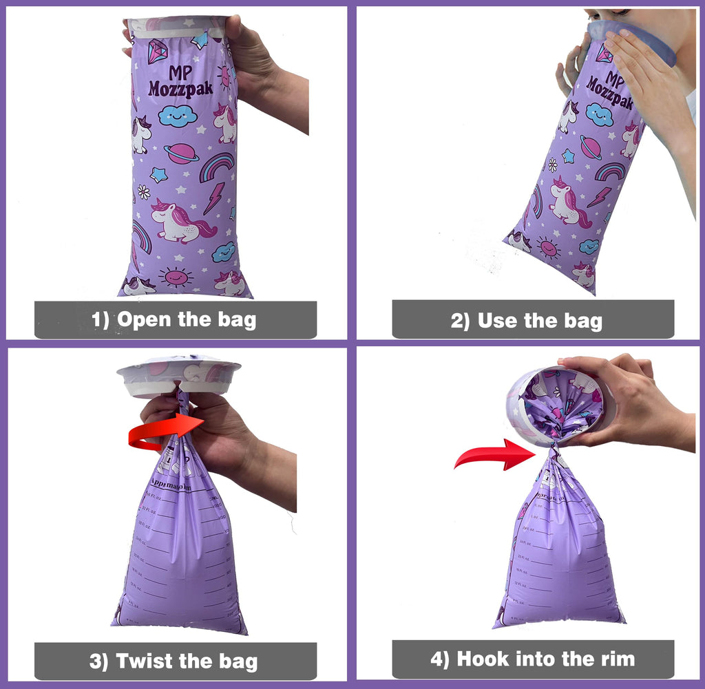 MP MOZZPAK Vomit Bags Disposable 35 Pack - 1000ml Emesis Bags, Leak-Proof Barf Bag, Travel Friendly Puke & Nausea Bag for Motion Sickness, Medical Grade Throw up Relief for Car (35pk - Unicorn Style)