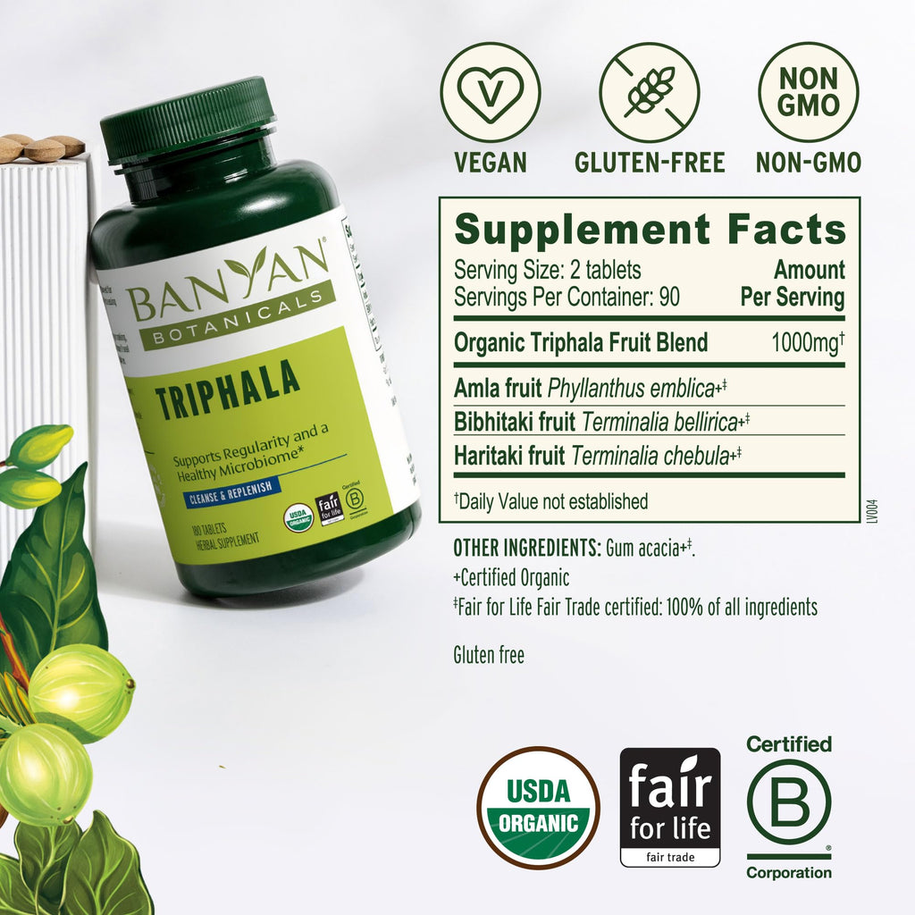 Banyan Botanicals Organic Triphala Tablets - Gentle Daily Digestion & Colon Cleanse Support - Amla, Haritaki, Bibhitaki - Healthy Elimination, Detox & Gut Microbiome - 180 Tablets - Non-GMO, Vegan*