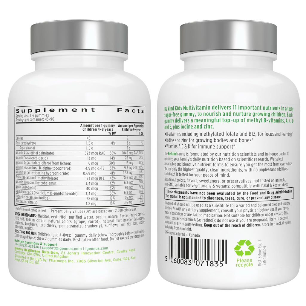 Igennus Methylated Kids Multivitamin Gummies, MTHFR, No Artificial Sweeteners or Flavors, Sugar Free, Age 4+, 90 Natural Berry Flavor Gummies from Fruit Powder, Non-GMO, Halal, Clean Label