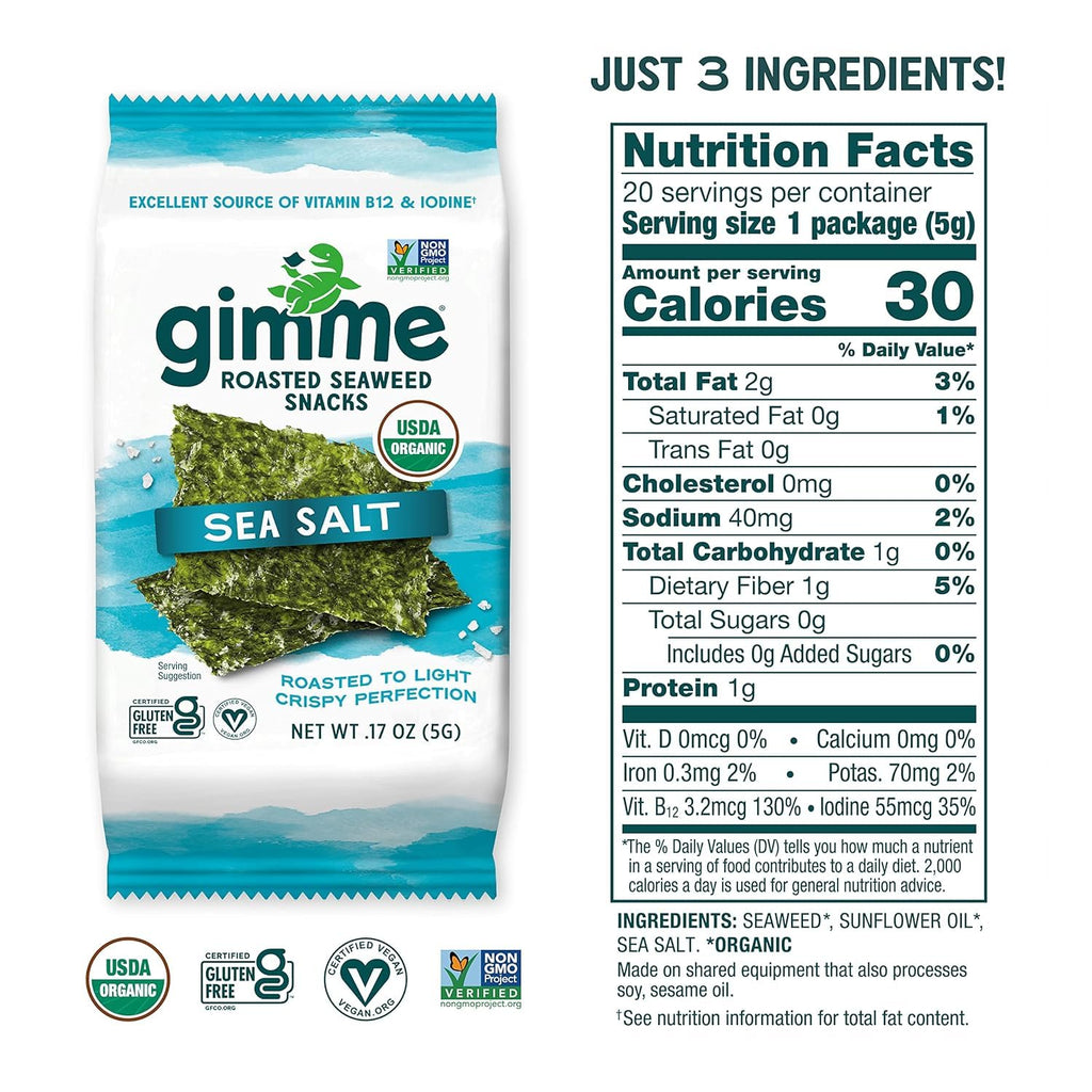 Gimme Seaweed Organic Roasted Seaweed Snack, Sea Salt, .17oz, 20 Count