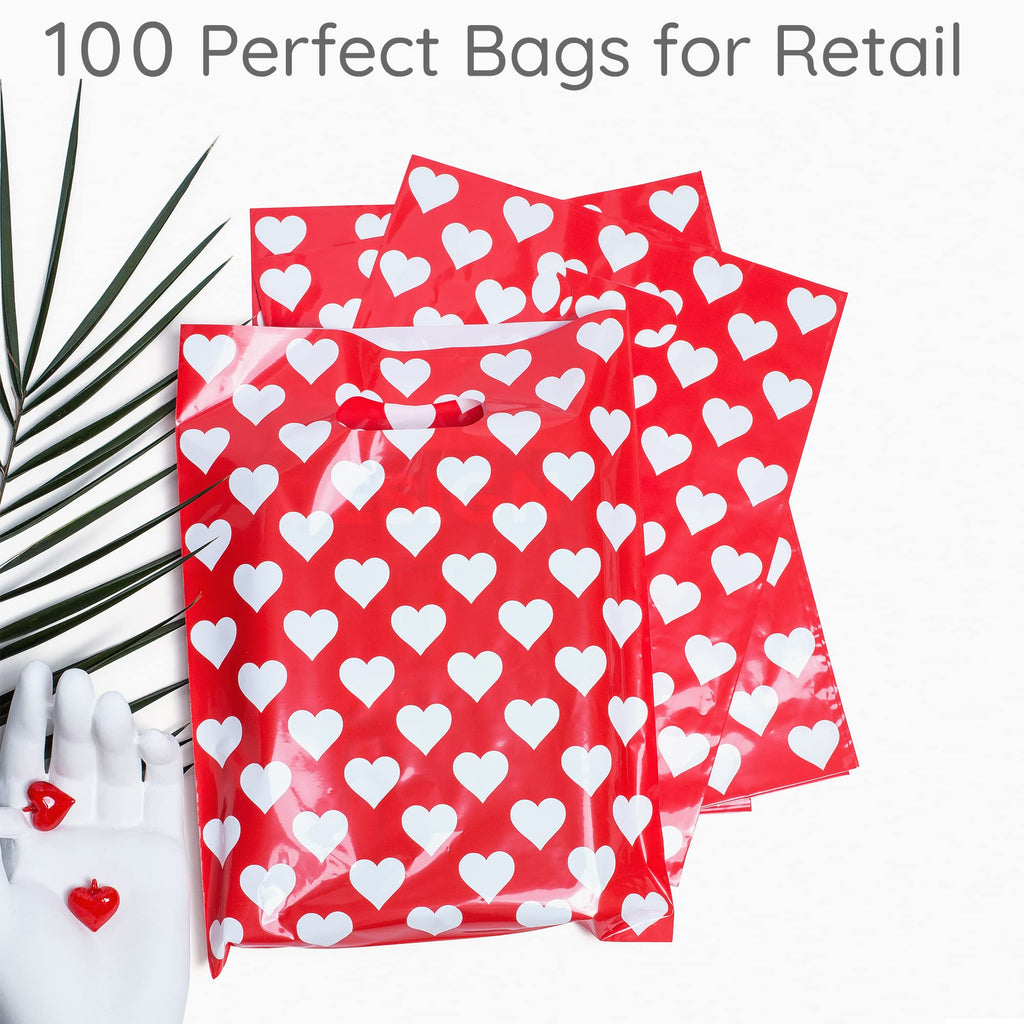 Choice Marts Red Merchandise Bags With White Hearts 100 Count 9"x12" Size 1.5Mil Thick Glossy Valentine Bags
