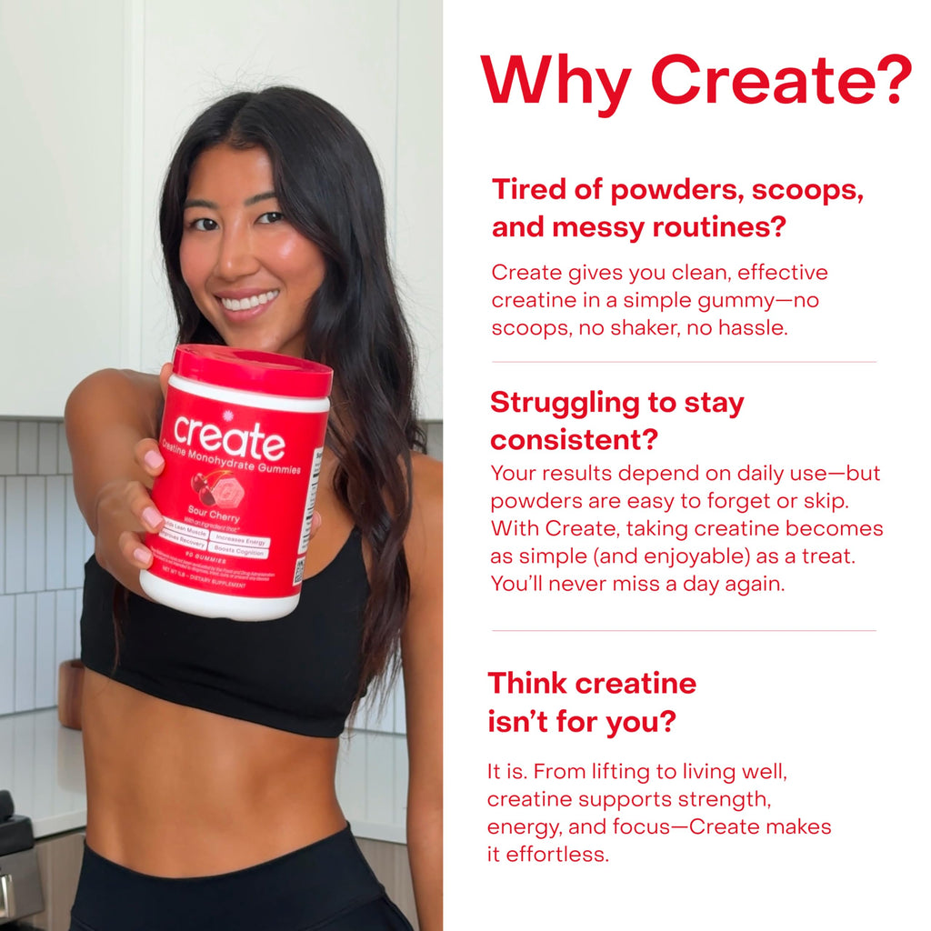 Create Creatine Monohydrate Gummies for Men & Women, Boost Focus, Strength, and Endurance, Anti-Melting Formula, Vegan, Gluten-Free, Non-GMO, 1.5g of Creatine per Gummy (Sour Cherry)