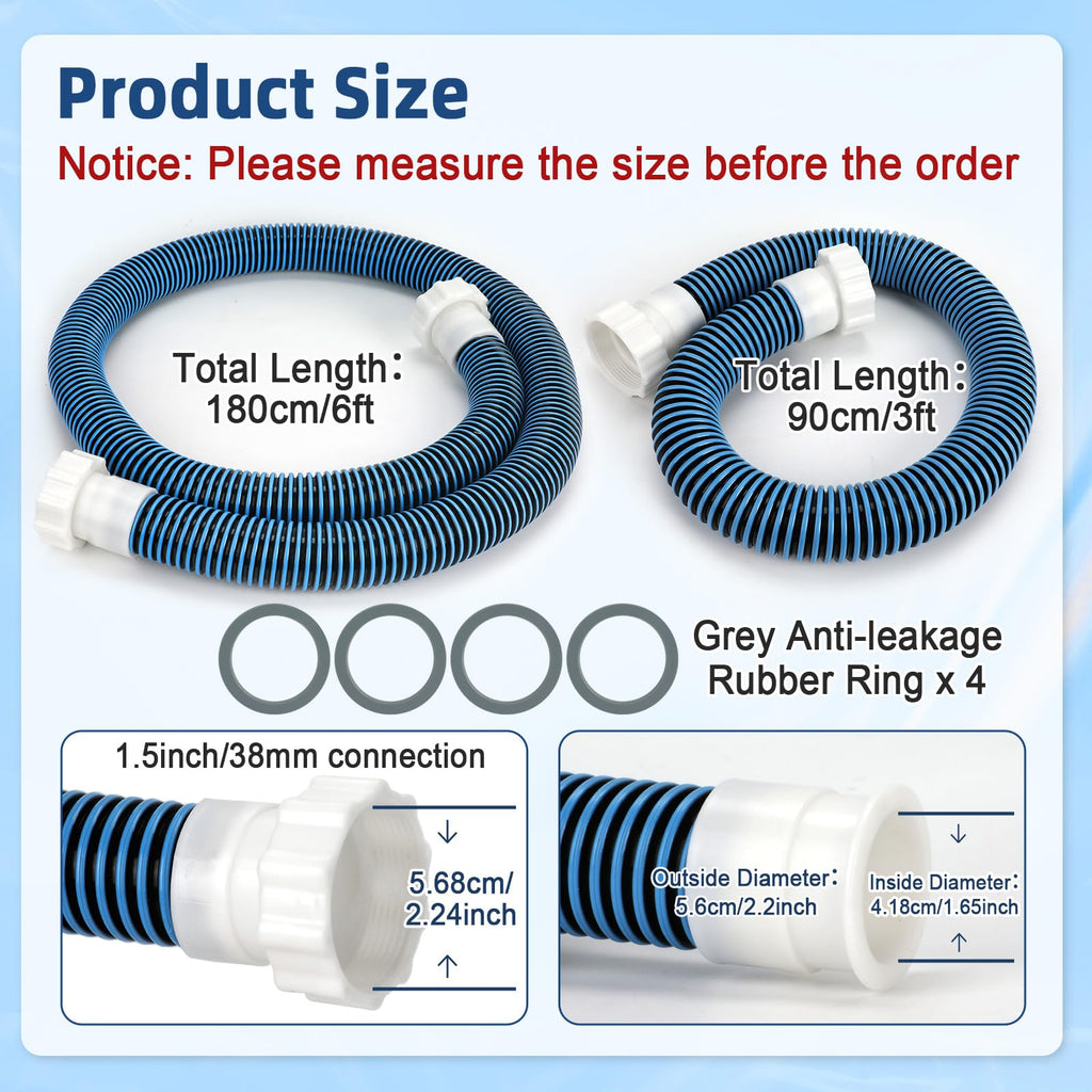 Conderyang 2 Pack 1 1/2 Pool Hose for Above Ground Pools 6ft&3ft Long Pool Pump Replacement Filter Hoses 1.5" EVA Swimming Pool Filter Hose for Filters Pumps, Saltwater Systems and Sand Filters (Blue)