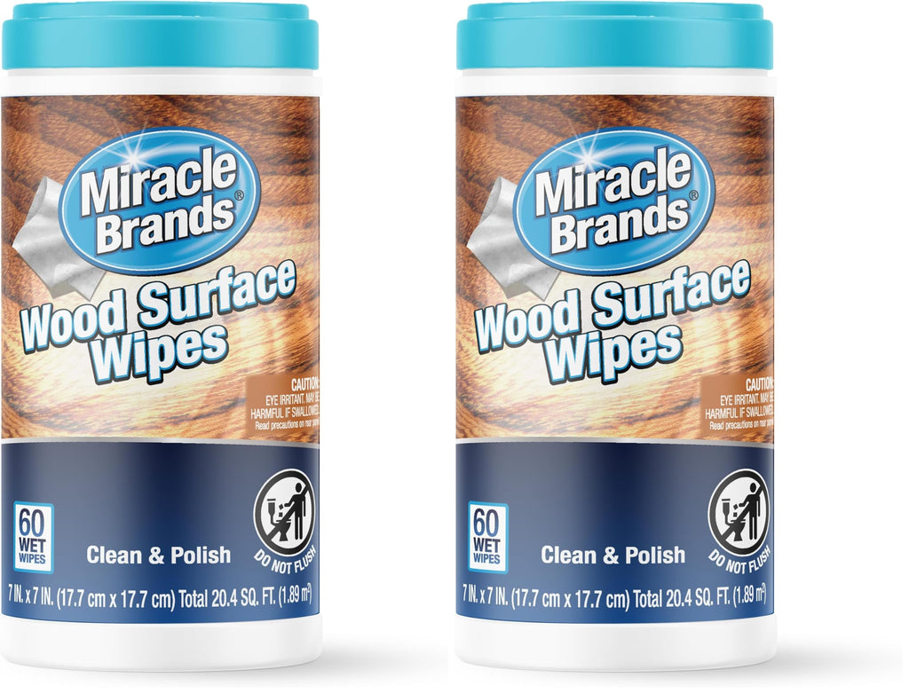 MiracleWipes for Wood Surfaces, Remove Dirt and Grime Buildup, Clean, Protect, and Polish Cabinets, Furniture, and Wood Floors, Great for Kitchen and Bathroom Cleaning Support - 60 Count (Pack of 2)