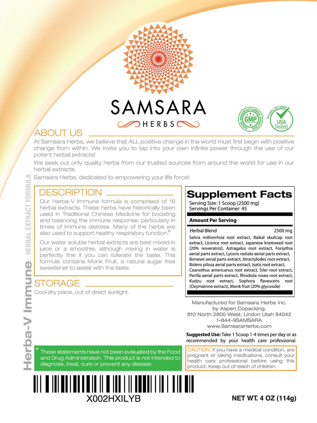 Samsara Herbs Herba-V Immune (4oz/114g) - Herbal Support Formula with 18 Powerful Herbal Extracts - Including Dan Shen, Skullcap, Licorice, Isatis, Resveratrol, Astragalus, Rhodiola and Kudzu