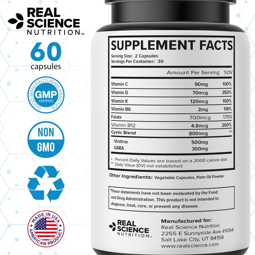 Real Science IntersCyst Miracle – All Natural Supplement for Interstitial Cystitis Relief and Constipation with Vitamins C, D, B12 & K + Nitric Oxide Support – Bladder & Kidney Health Support, 60 Caps