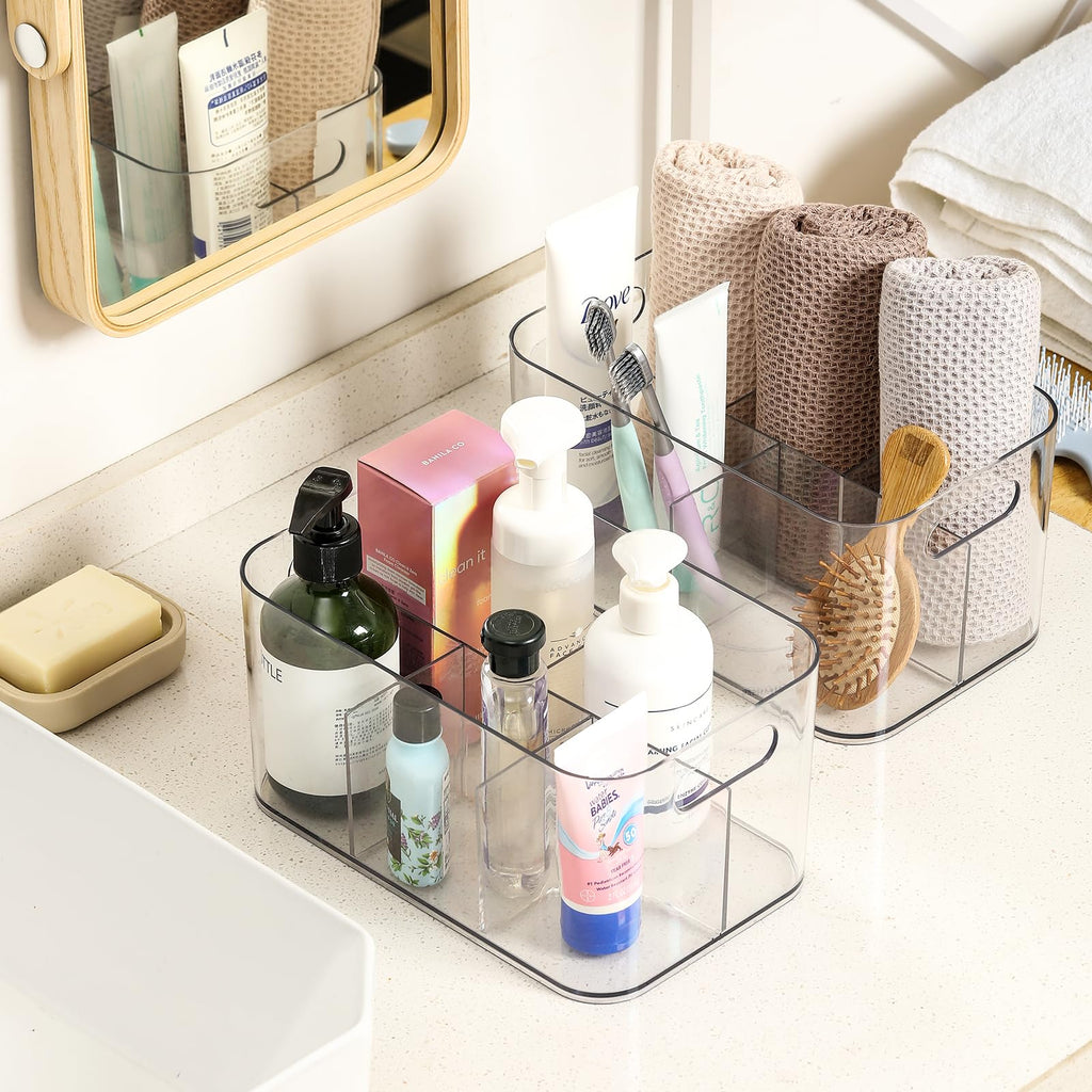 2 Pack, 5-Compartment Clear Plastic Bin - Divided Art Supplies, Cosmetic Makeup Caddy Organizer - Multiuse Storage Container for Vanity, Bathroom, Kitchen, Office, Craft, Shower, Cleaning Items