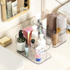 2 Pack, 5-Compartment Clear Plastic Bin - Divided Art Supplies, Cosmetic Makeup Caddy Organizer - Multiuse Storage Container for Vanity, Bathroom, Kitchen, Office, Craft, Shower, Cleaning Items