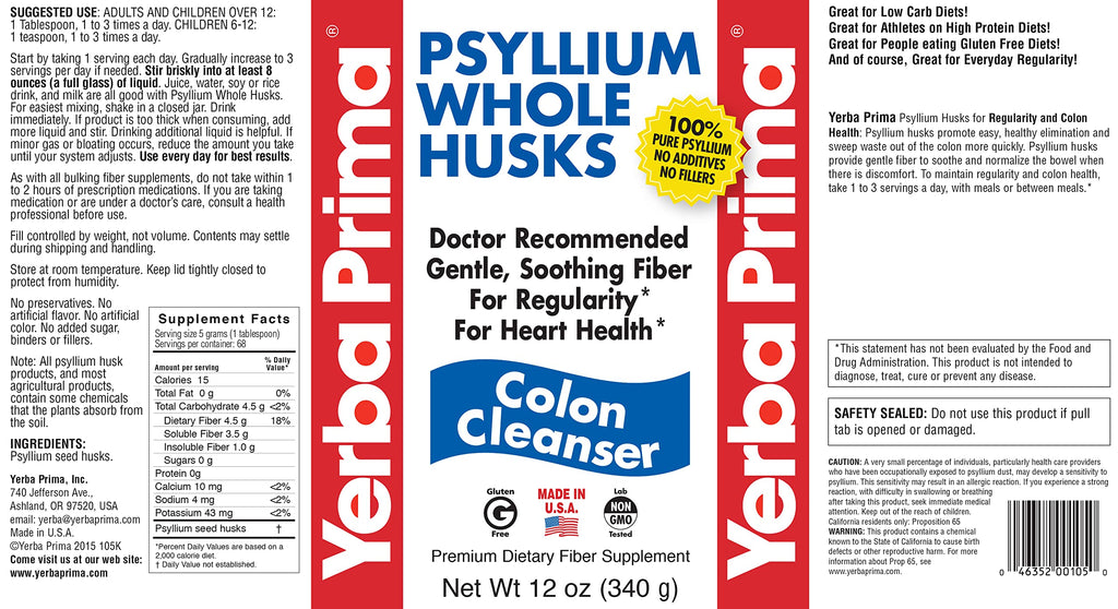 Yerba Prima Psyllium Whole Husks, 12 oz (2 Pack) - Colon Cleanser, Gluten Free, Non-GMO, Soothing Regularity