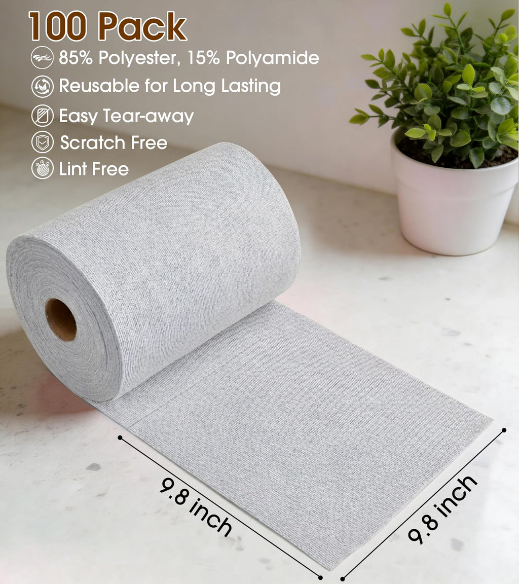 KitchLife Microfiber Cleaning Cloth Roll, 100 Pack - Tear-Away Microfiber Paper Towels, Lint-Free, Reusable, Washable for Kitchen, Car, Dishes, and Sensitive Surfaces (Light Gray)