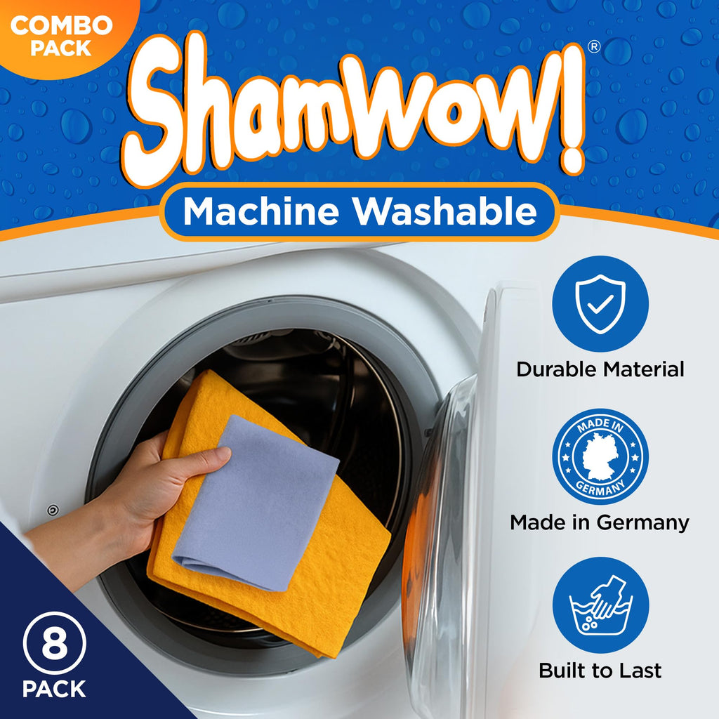 ShamWow Original Super Absorbent Multi-Purpose Cleaning Shammy Chamois Towel Cloth - Holds 10X its Weight in Liquid - Machine Washable - Will Not Scratch (8 Pack: 4 Large Orange & 4 Small Blue).