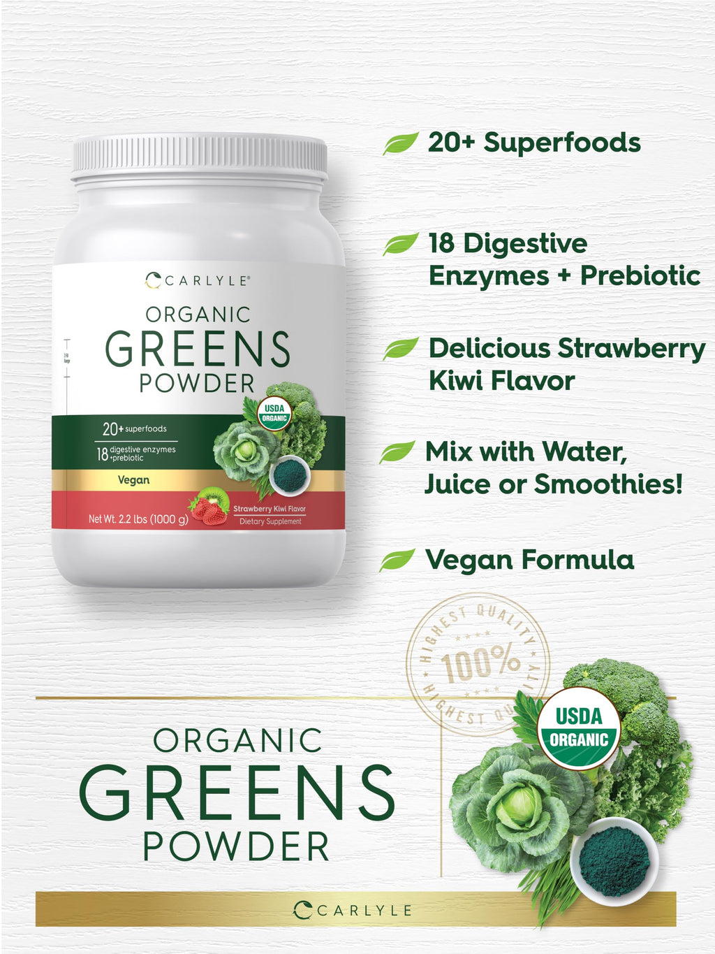 Carlyle Organic Greens Powder | 35.2 oz | 20+ Superfoods & Prebiotics
