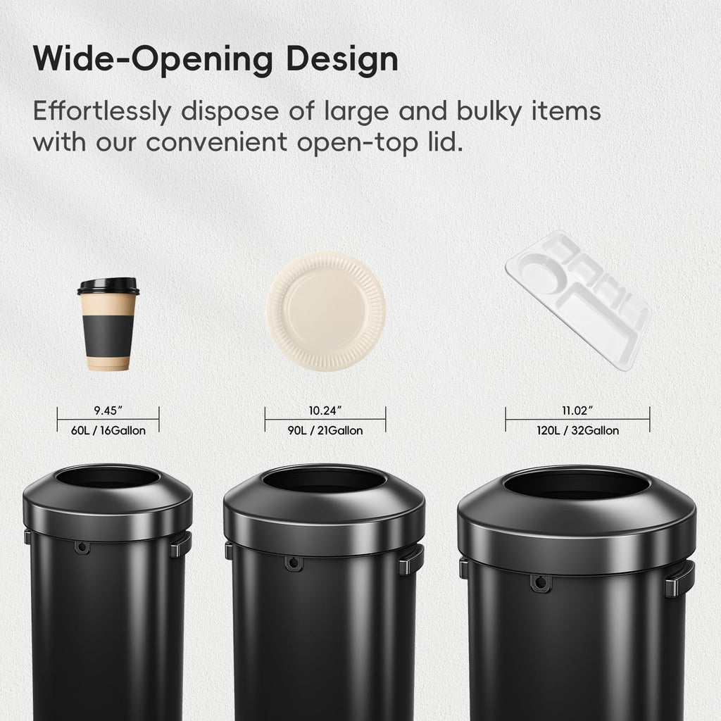 EKO Urban 32 Gallon Round Black Stainless Steel Open Top Waste Bin, Tall Commercial Trash Can for Indoor/Outdoor, Extra Large Metal Garbage Bin for Office, Restaurant, Restroom,120L