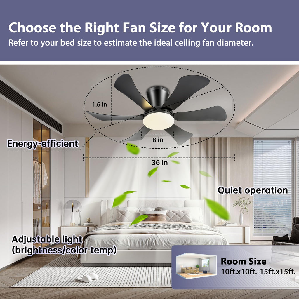 GJeg Ceiling Fans with Lights,36" Low Profile Ceiling Fan with Light and Remote Control,Flush Mount, Reversible, Dimmable, Noiseless, Black Ceiling Fan for Bedroom