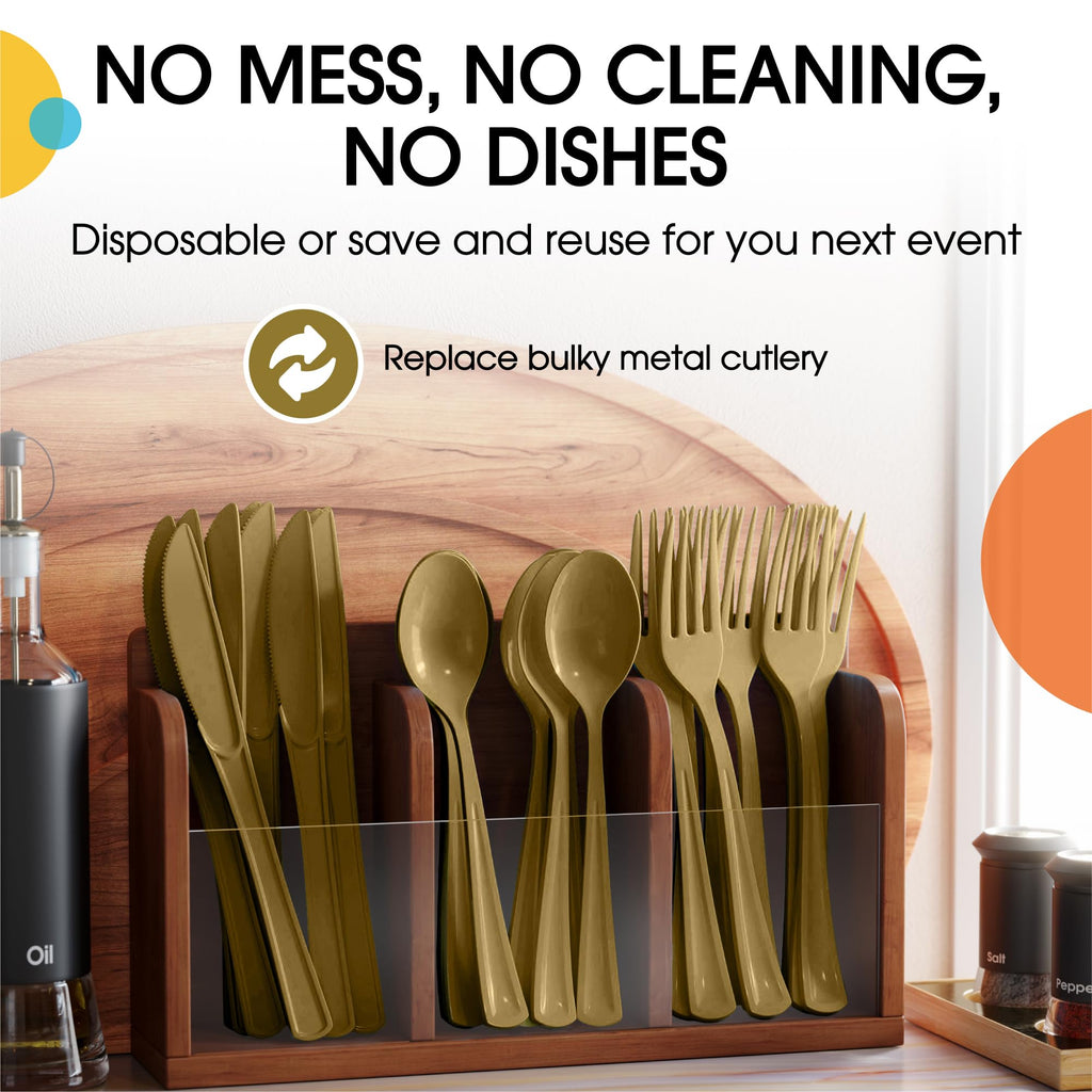 Party Solids Gold Plastic Silverware Heavy Duty 150 Pieces Gold Disposable Silverware Heavy Duty, Utensil Sets, 50 Of Each Forks, Knives & Spoons Disposable Cutlery Set For Party Supplies