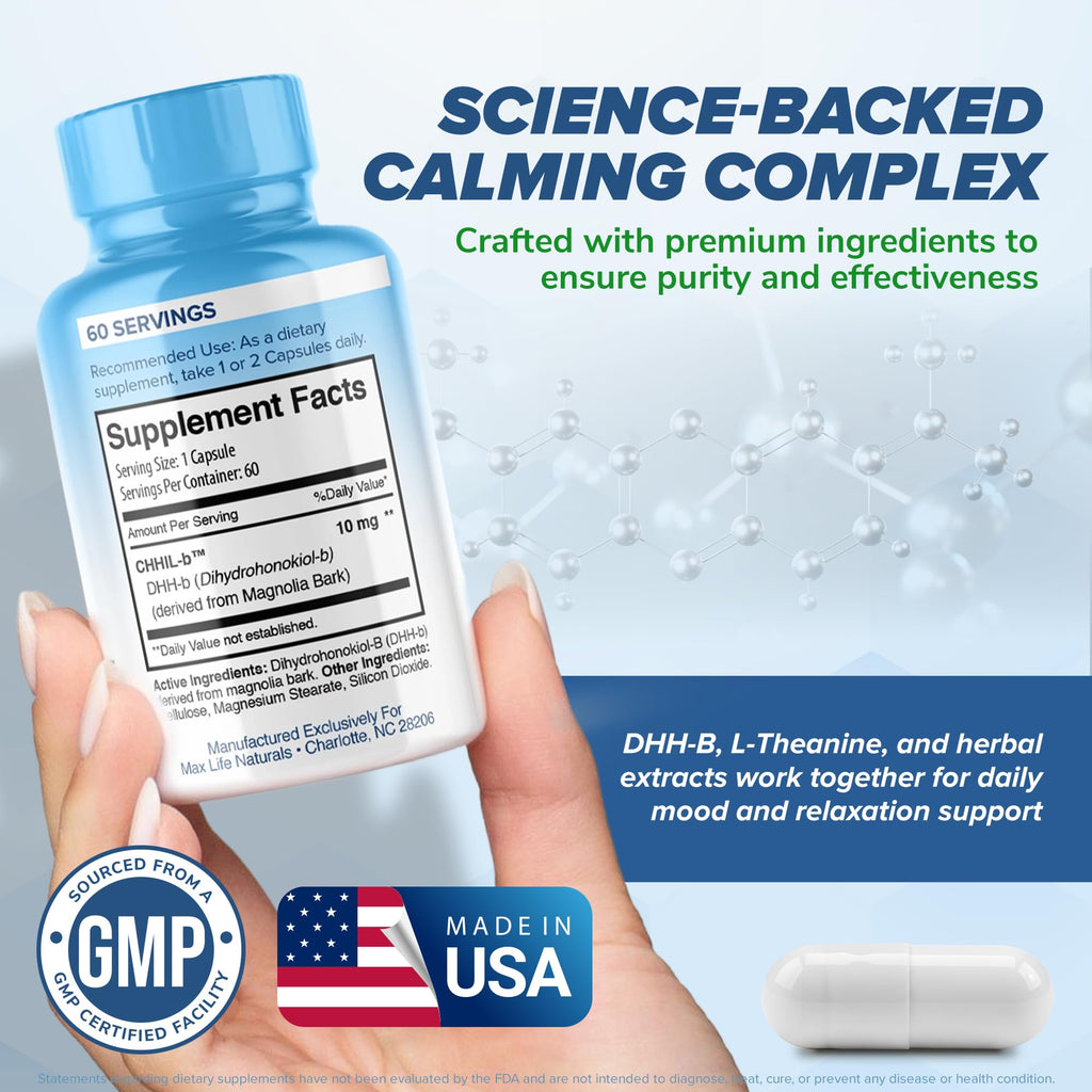 Chill Pill Happy Pills Mood Support Supplement for Women & Men with Magnolia Bark 60 Capsules, DHH-B Dihydrohonokiol-B Calm Pills, Minerals and Chill Formula for Relaxation & Balance, Made in USA