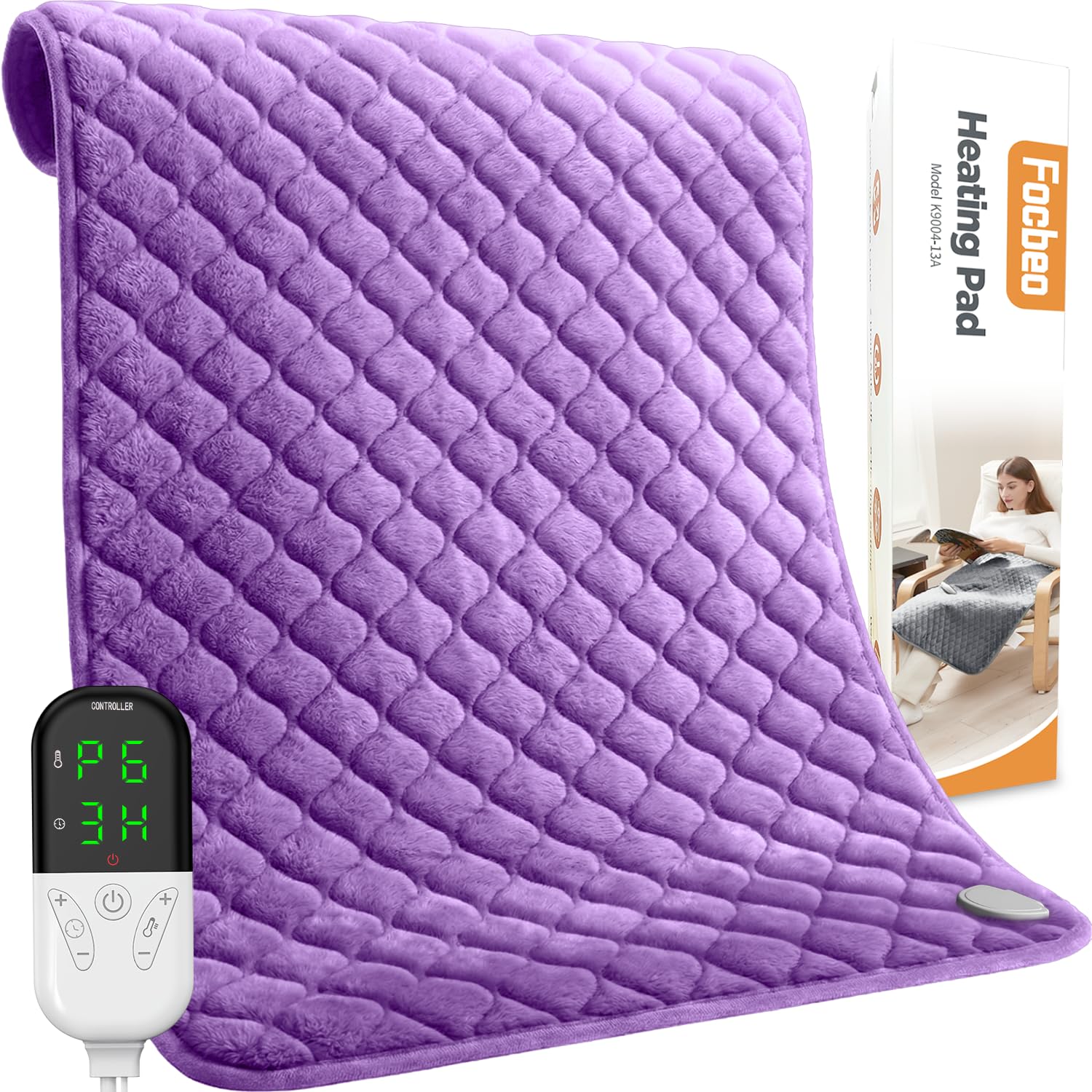 King Size Heating Pad for Back Pain 32"x24" Extra Large Electric Heating Pad for Period Cramps Relief & Body Neck Shoulder Auto Shut Off Heat Pad Temperature Settings Machine Washable Purple