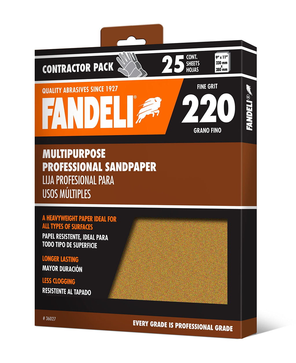 Fandeli 36027 220 Grit Multipurpose Sandpaper Sheets, 9" x 11", 25-Sheet