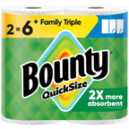 Bounty Paper Towels Quick Size, White, 2 Family Triple Rolls = 6+ Regular Rolls
