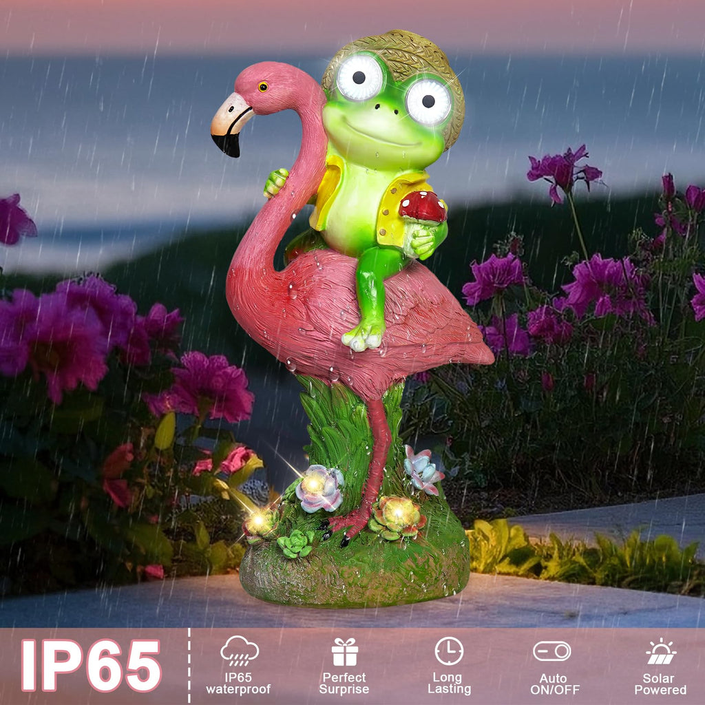 ZFNN Solar Garden Statue Outdoor, Frog Riding Flamingo Decor with LED Eyes
