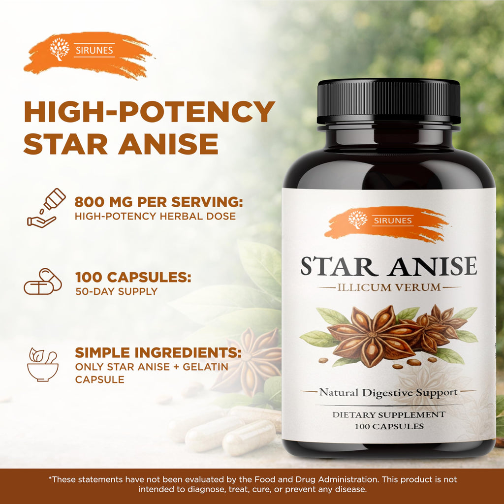 SIRUNES Star Anise Capsules (Illicium Verum) – 800 mg per Serving, 400 mg per Capsule – Herbal Star Anise Supplement – Natural Botanical Spice Extract – Gelatin Capsules – 100 Count