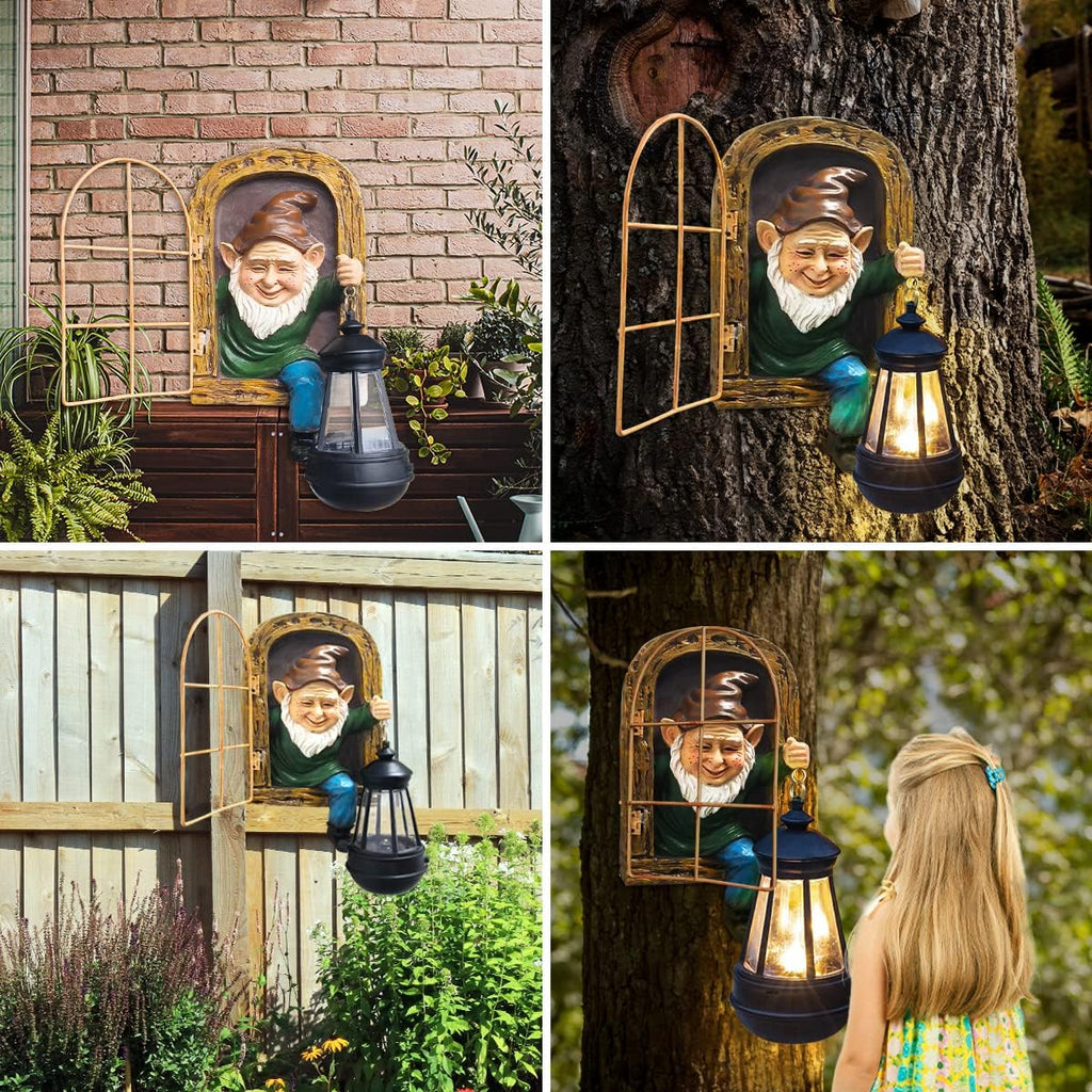 REYISO 10'' Garden Gnome Statue with Solar Lights :Outdoor Tree Decor
