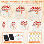 8 Pcs Clear Acrylic Buffet Risers with LED Fairy Lights, Acrylic Food Risers with Mini Sign and Maker, Clear Buffet Risers and Stands for Party Catering Dessert Collectibles(9" 8" 7" 6" 5" 5" 4" 4" )