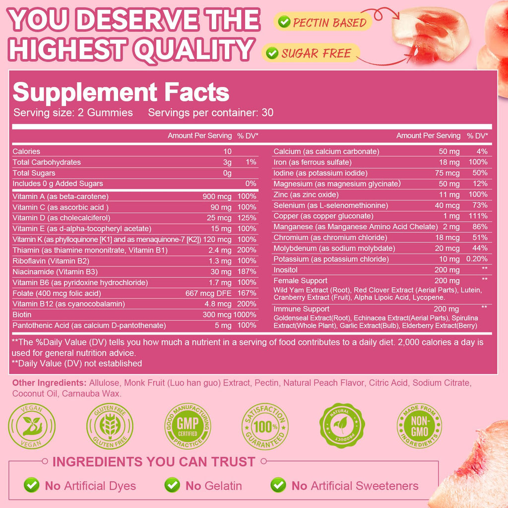 Totaria Sugar Free Multivitamin Gummies for Women 14+ w/Iron, Inositol, Folate, Biotin, Womens Daily Multivitamin Gummy w/Vitamin A, C, B, D3, K2, for Hair, Skin, Energy, Immune, Peach Flavor