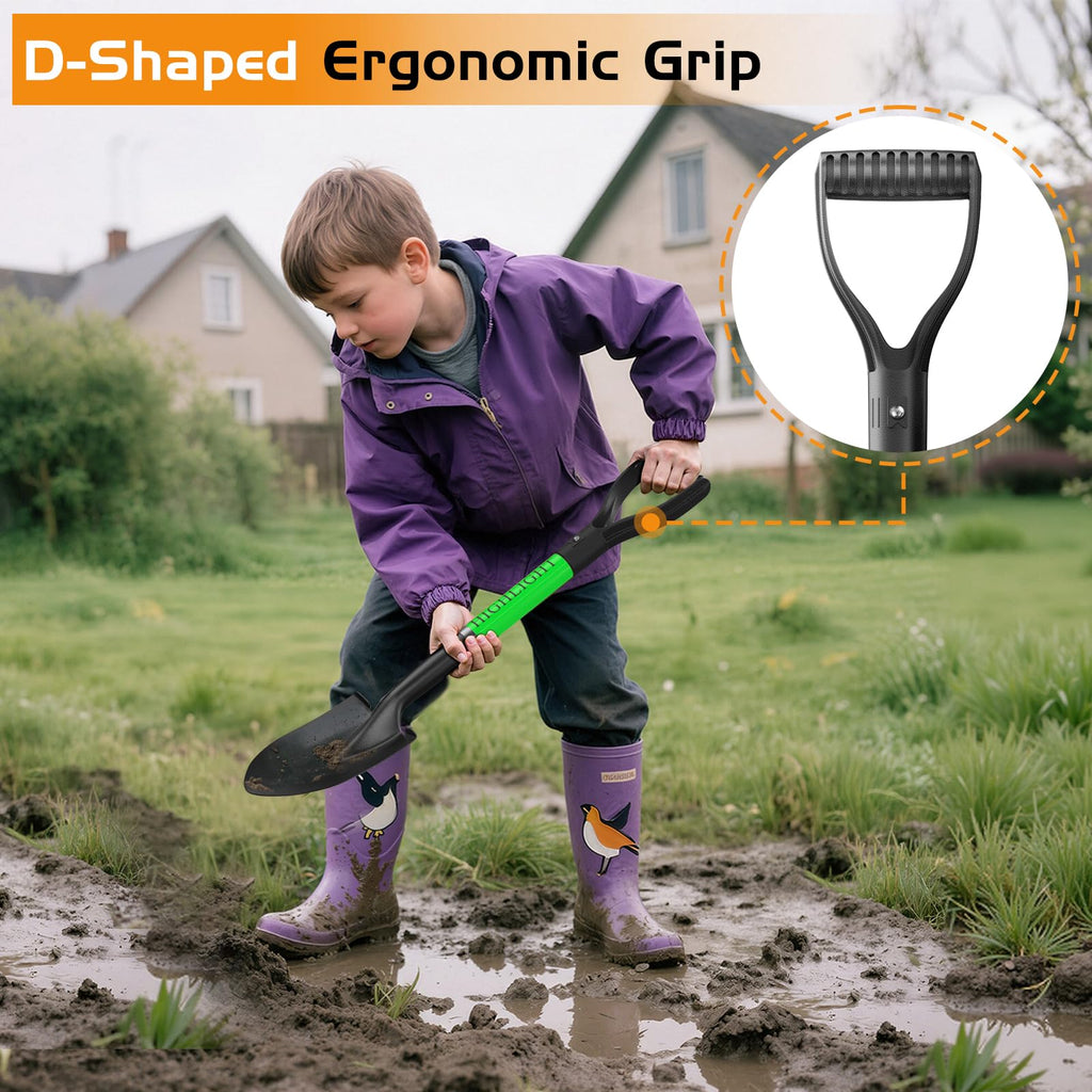 HIGHLIGHT Kids Digging Shovel, Beach 28Inch Fiberglass D Grip Round Green