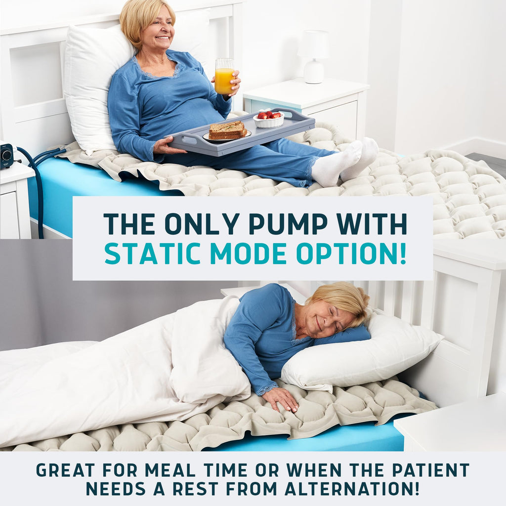 Lunderg Alternating Air Pressure Mattress Pad with Static Mode & Flocking - Comfortable Bed Sore Prevention - Includes Mattress Topper for Hospital Bed or Home & Quiet Pump - Recommended by Doctors