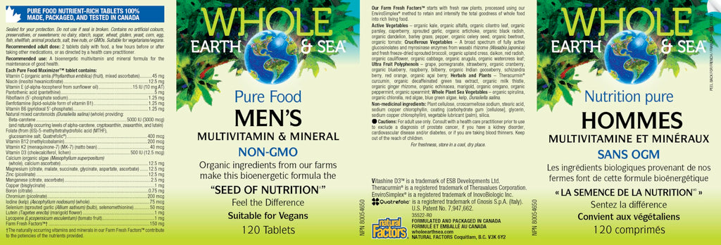 Natural Factors Whole Earth & Sea Men's Multivitamin & Mineral - Daily Health Supplement for Men Under 50 - Vegan, Non-GMO & Gluten-Free - 120 Tablets (60 Servings)