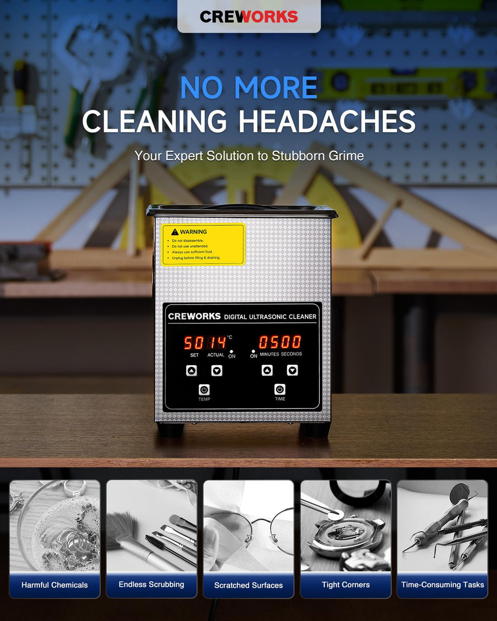 CREWORKS 2L Jewelry Cleaning Machine - 40kHz Digital Sonic Cleaner