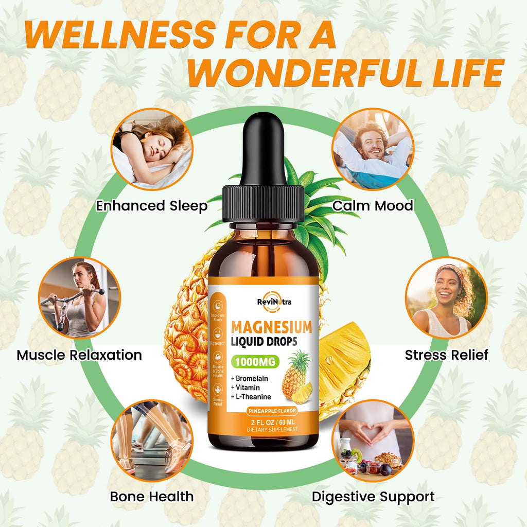 Magnesium Glycinate Liquid Drops, 1000mg of Liquid Magnesium Complex Supplement for Sleep, Nerve, Energy, Muscle, Bone, Calm & Digestion, High Absorption, 2 Fl Oz, Sugar-Free Pineapple Flavor