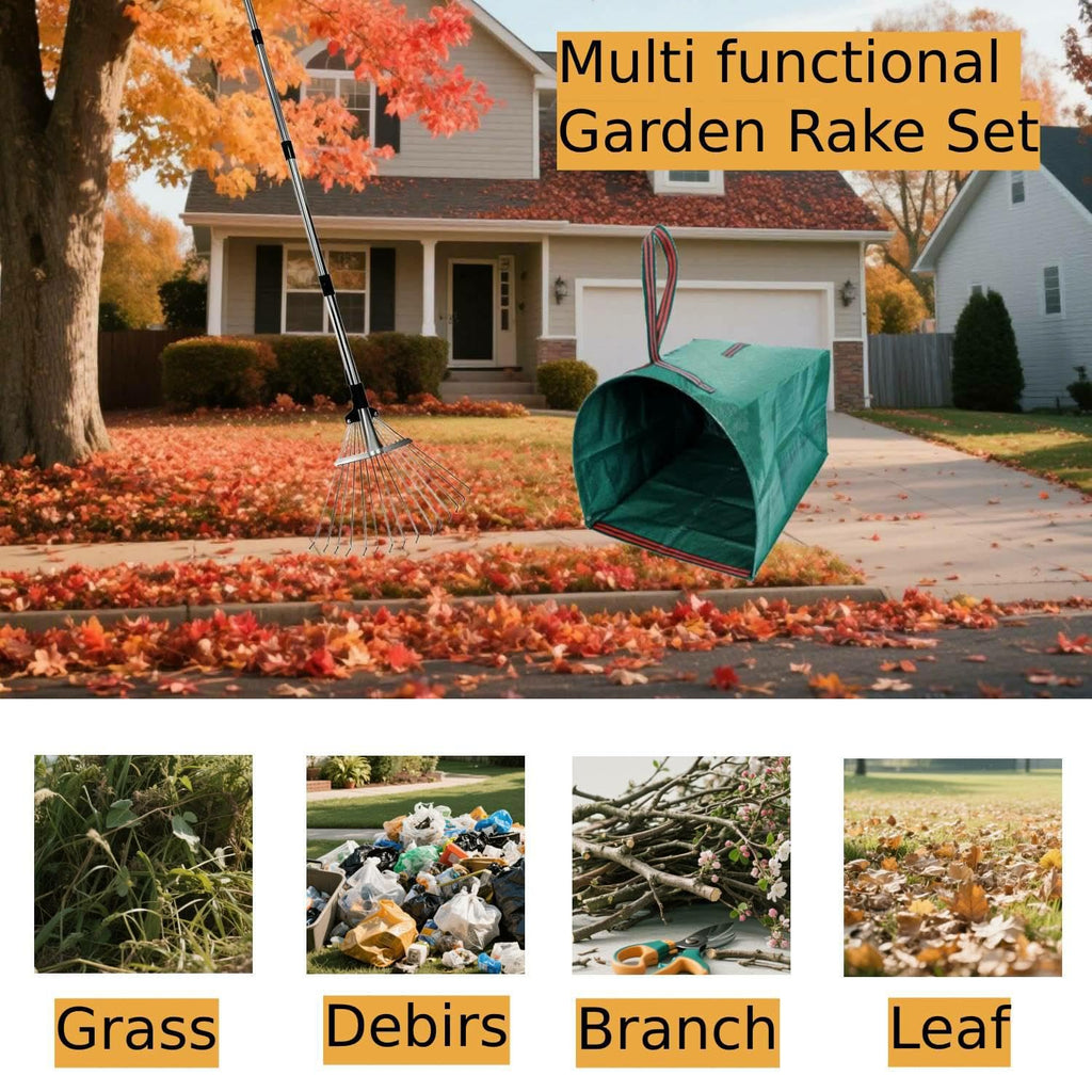 RISETEX Leaf Rake with 53 Gal Leaf Bags, Expandable Heavy Duty Metal Set