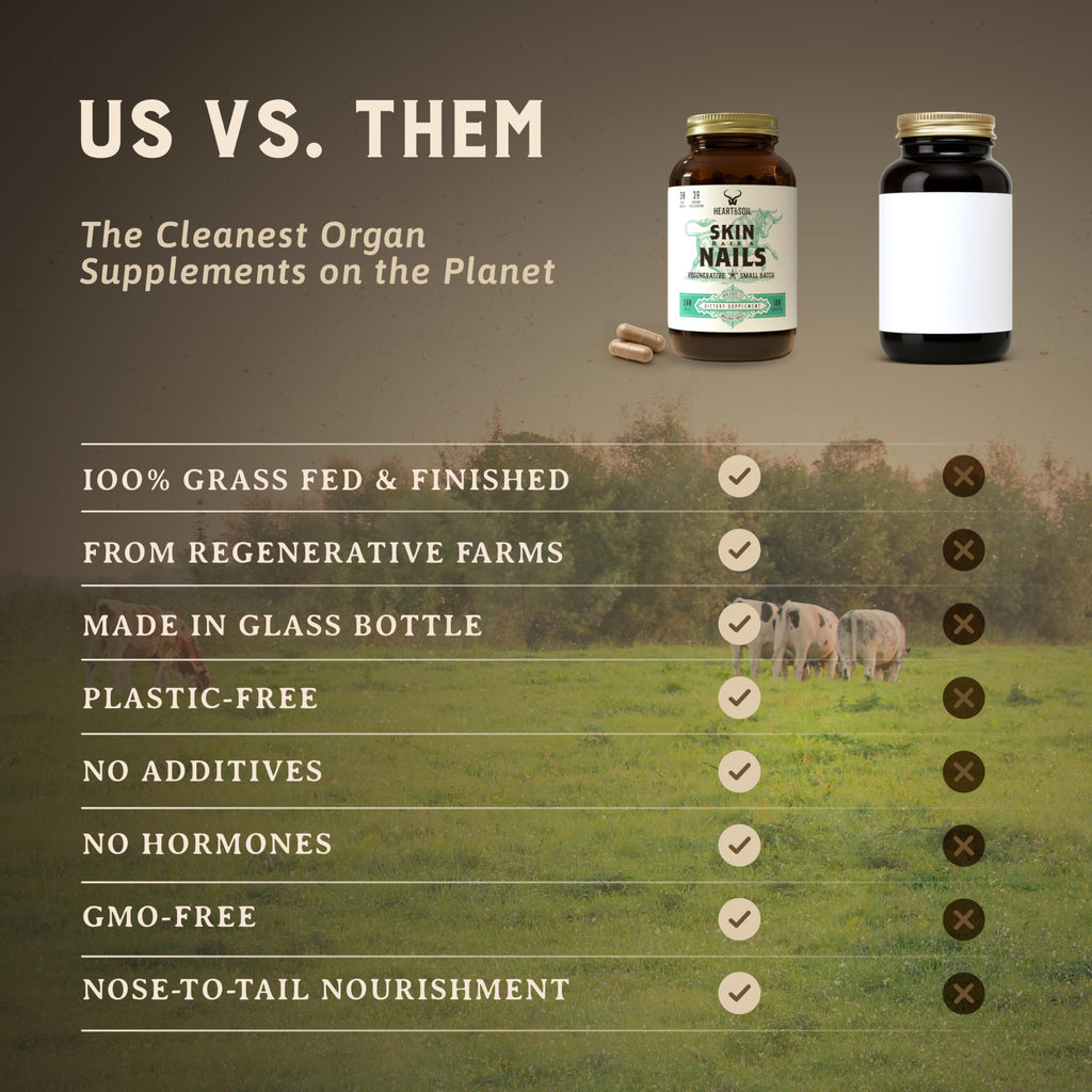 Heart & Soil – 100% Grass Fed & Finished Hair Skin and Nails Supplement from Regenerative Cattle with Cartilage, Liver, & Bone Marrow – 3000mg Beef Organs for Women & Men – Glass Bottle – 180 Capsules