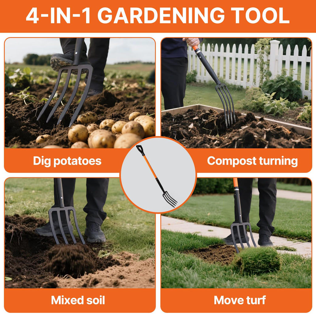 KOLEIYA 4-Tine Garden Fork,Heavy Duty Pitch Fork for Gardening,Digging Fork and Spading Fork for Loosening Soil,Compost Fork with Fiberglass Handle,45 Inch